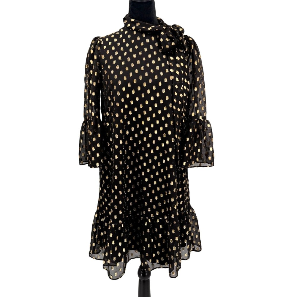 Calvin Klein Dress Womens 4 Black Gold Polka Dot Sheer Bell Sleeve Pussy Bow