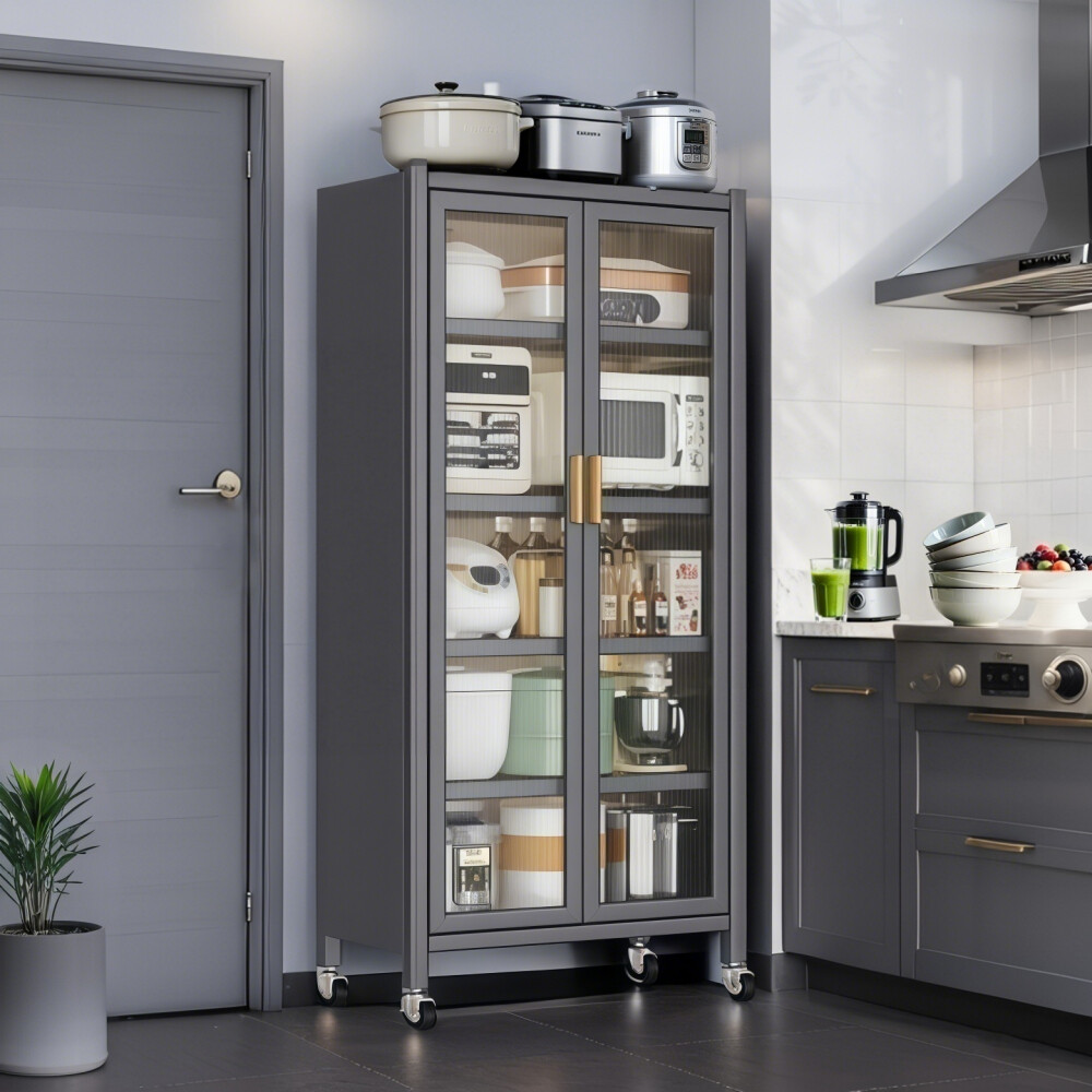 6-Tier Pantry Cabinet with Adjustable Shelves Locking Wheels Clear Door