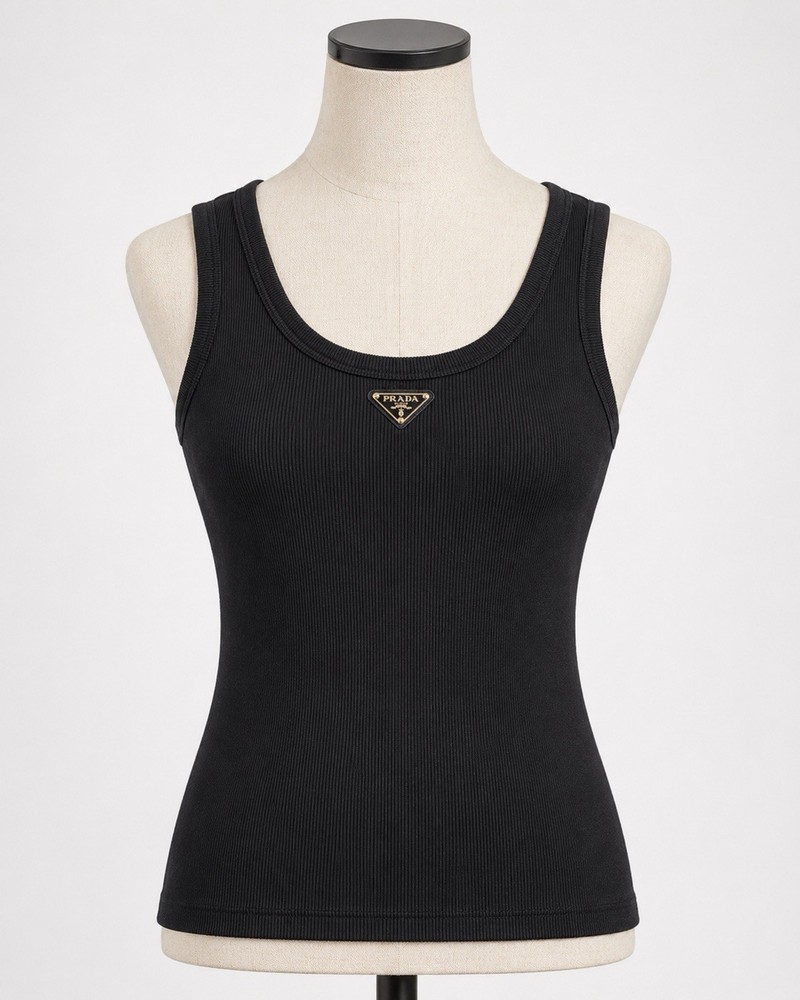 PRADA Women’s Black Ribbed Knit Cotton Scoop Neck Sleeveless Tank Top S Logo