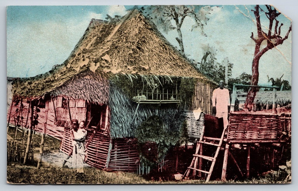 Nipa House Philippines Postcard 1910s Bahay Kubo Hut Bamboo Thatched Roof