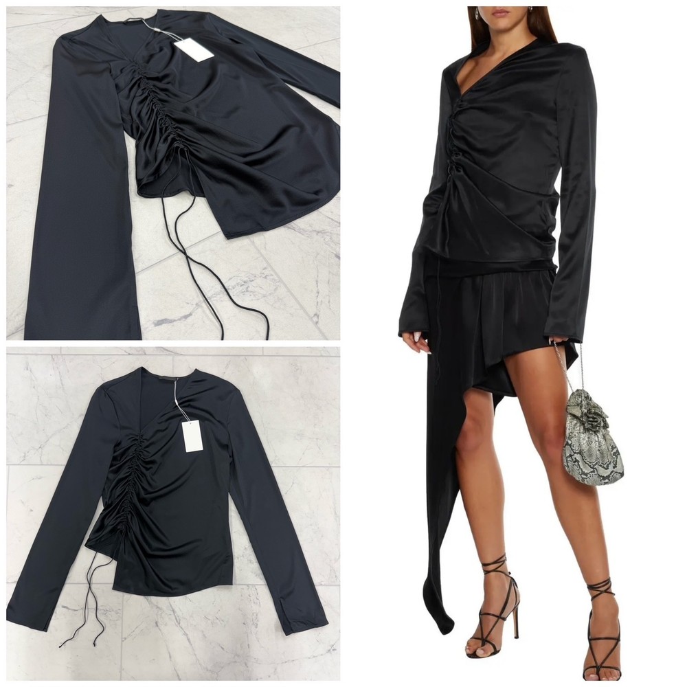 NWT $338 Women's Helmut Lang Black Ruched Stretch-Silk Satin Top Size: 4