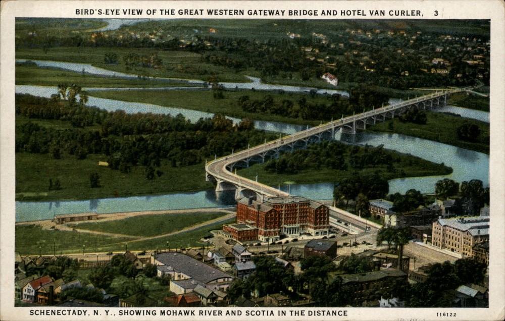 Schenectady New York ~ Great Western Gateway Bridge ~ aerial view ~ postcard