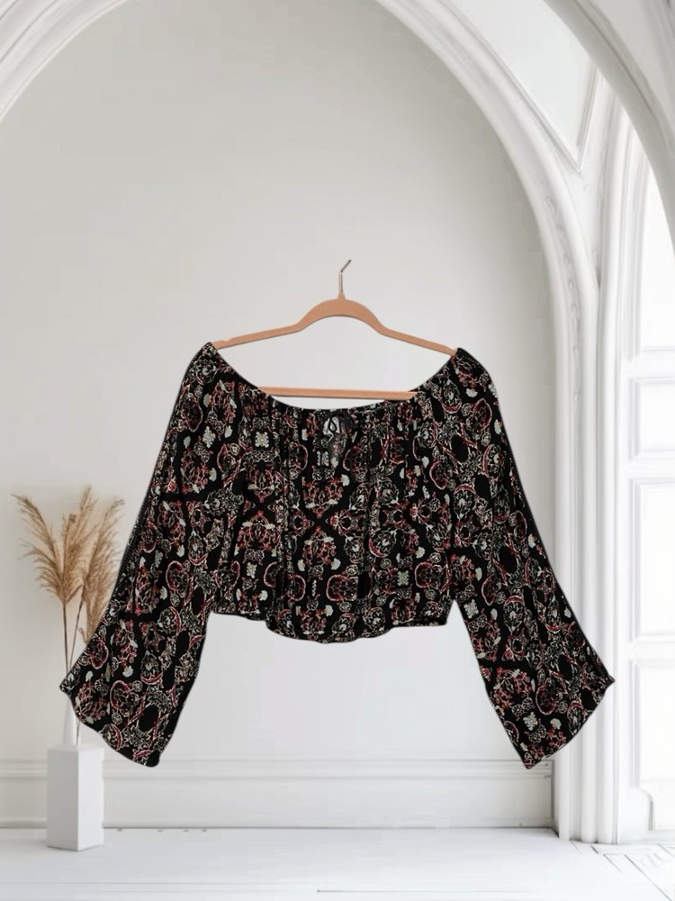 Kendall + Kylie Black Floral Off The Shoulder Crop Top Women’s Large Boho Chic