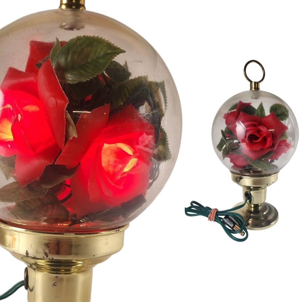 Vtg Glass Globe Bubble Terrarium Lamp Table Accent Light Up 3D Red Roses Lantern