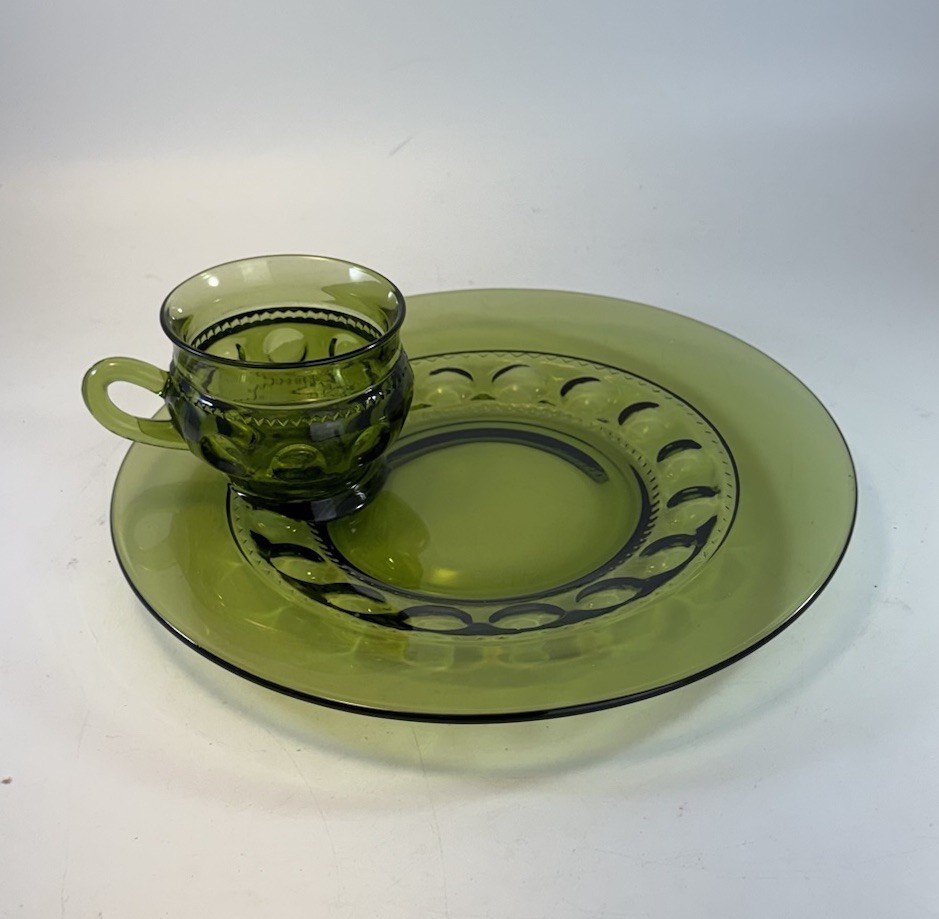 Vintage Indiana Glass Kings Crown Thumbprint Snack Luncheon Plate & Cup Green
