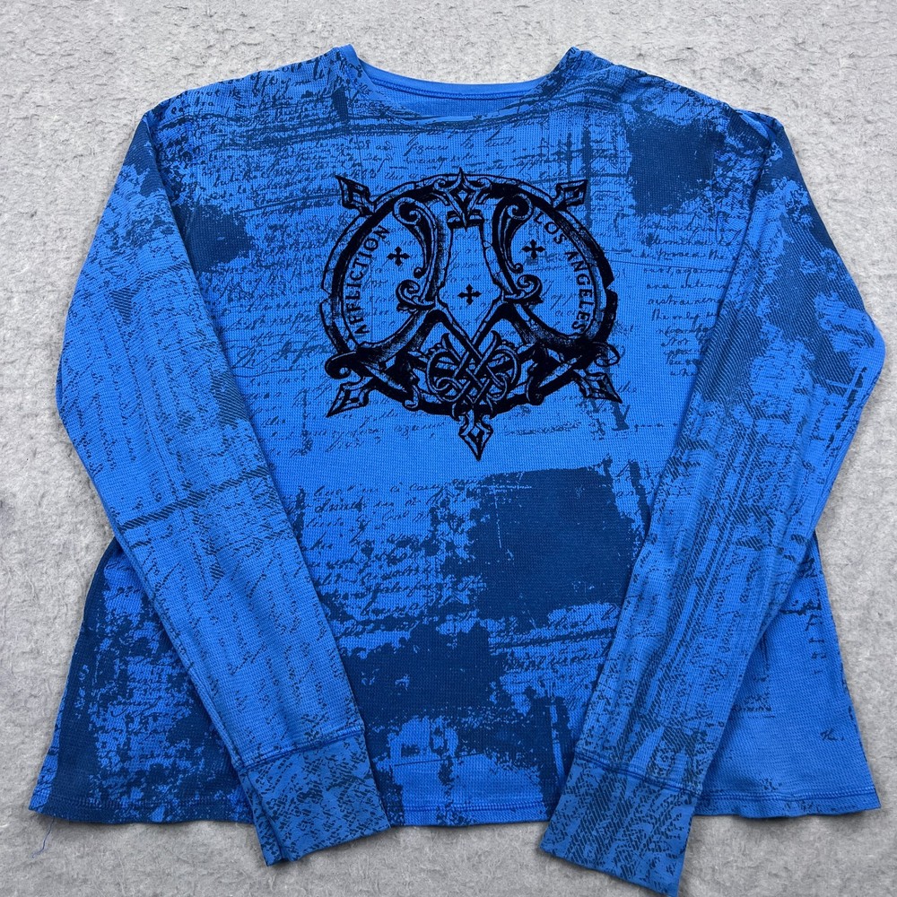 Affliction Thermal Shirt Mens XL Blue Grunge Wings Y2K Long Sleeve USA Made