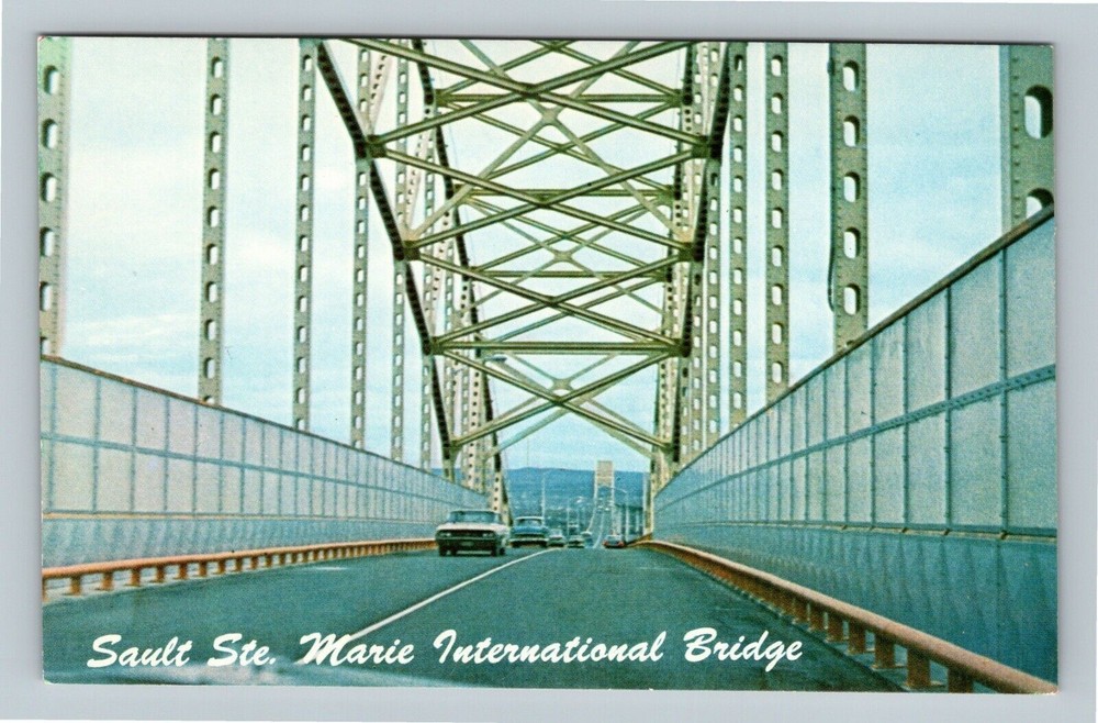 Sault St. Marie International Bridge, Classic Cars, Michigan Vintage Postcard