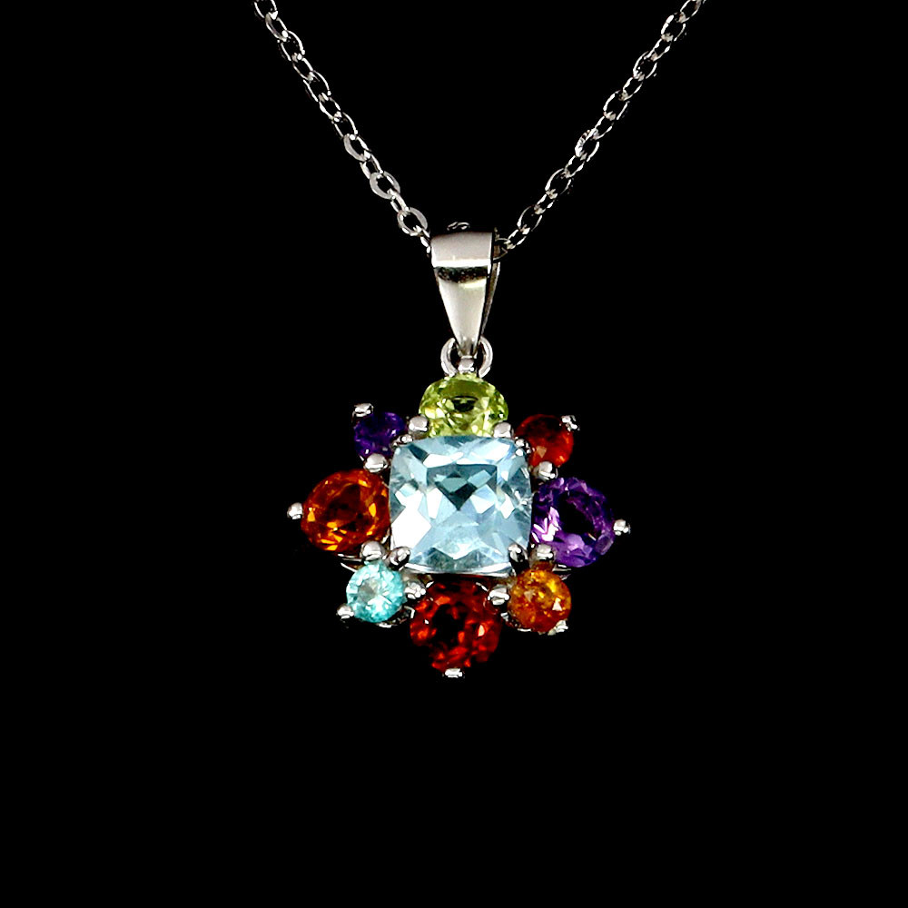 925 Sterling Silver Cushion Topaz Amethyst Natural Gemstone Necklace 18 Inch