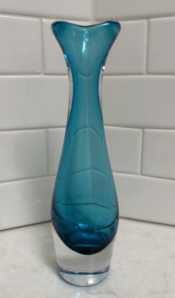 Orrefors Sven Palmqvist Blue Selena  Art Glass Bud Vase Signed PW 3092/5 Vntg