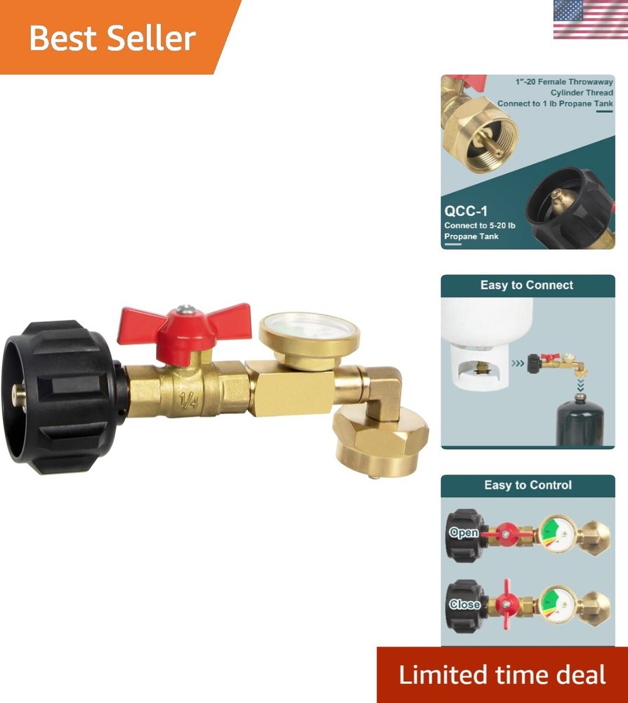 Durable Brass Propane Refill Adapter - Gauge and Leak Prevention Valve Included