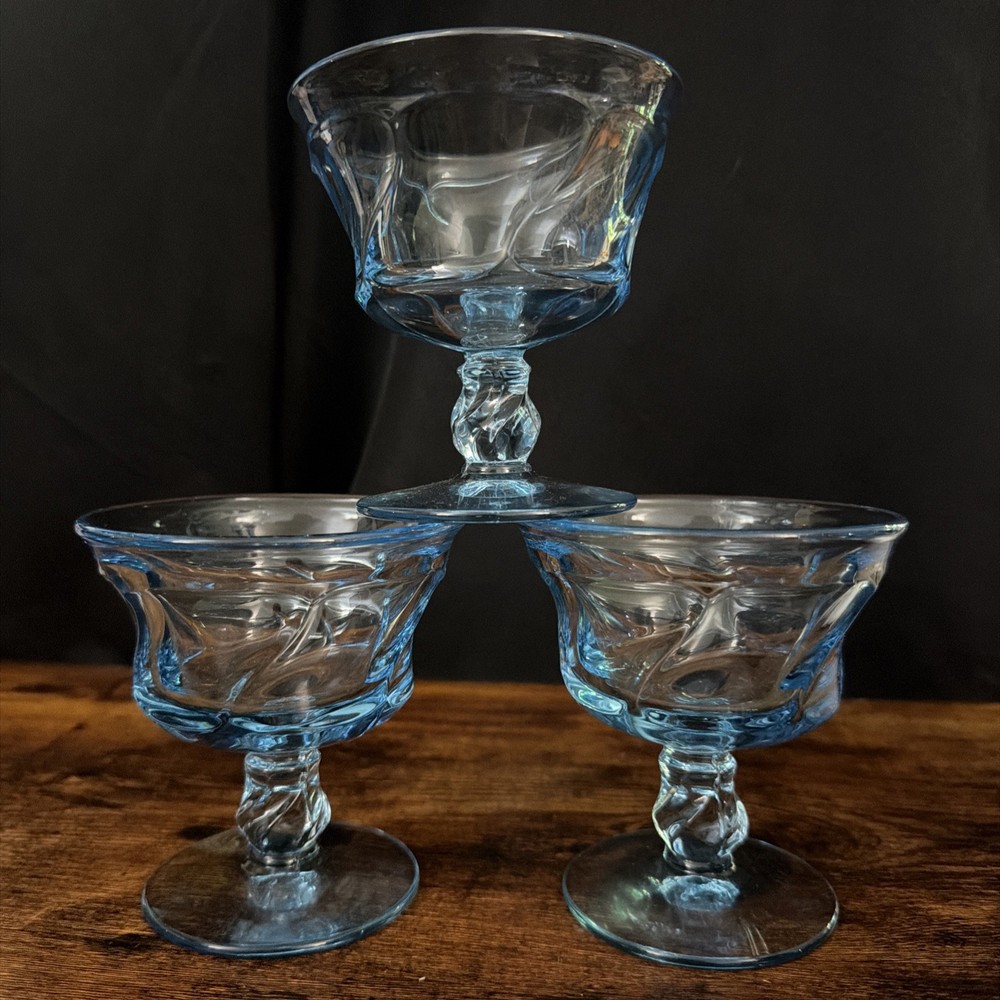 Fostoria Jamestown Blue Swirl Vintage MCM Water Goblets Set of 3