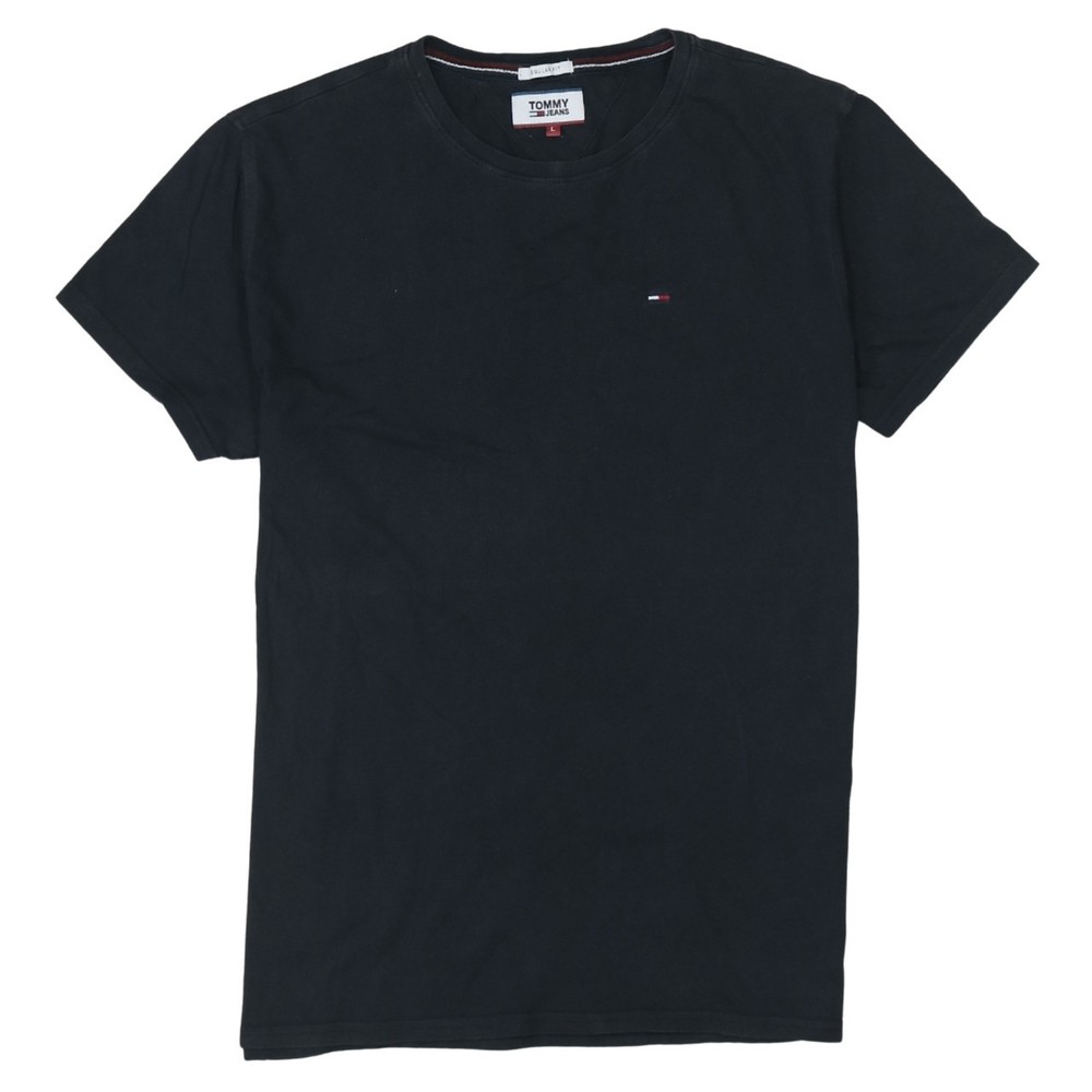 Tommy Jeans Womens T Shirt Black Cotton Embroidered Flag Logo Crew Neck Tee L