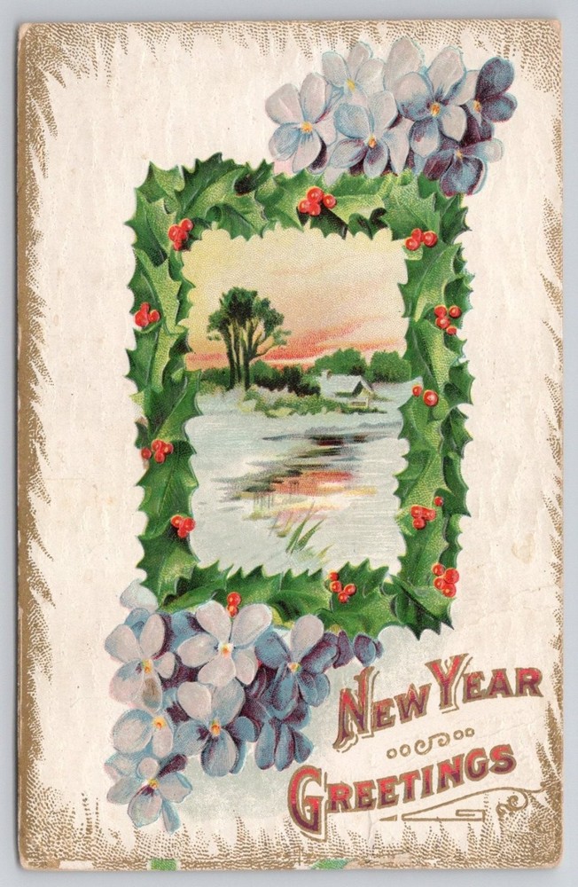 1910 Philadelphia PA New Year Greetings Postcard Winter Scene Holly Violets