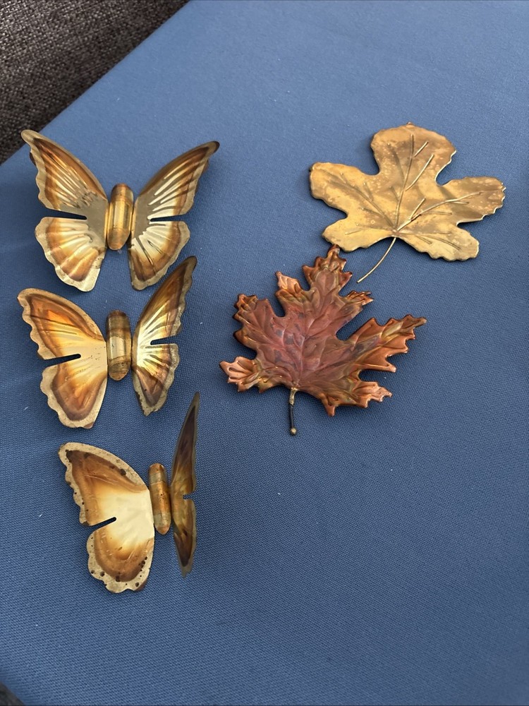 Set Of 5 Metal Butterflies And Leaves MCM Wall Art Brass Metal
