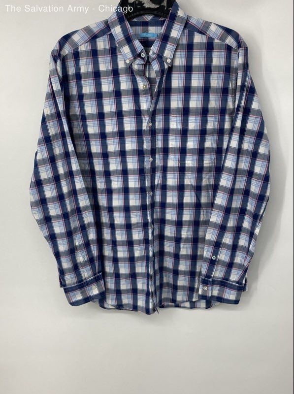 J.Mclaughlin Mens Blue Pink Cotton Blend Plaid Long Sleeve Button-Up Shirt Sz L