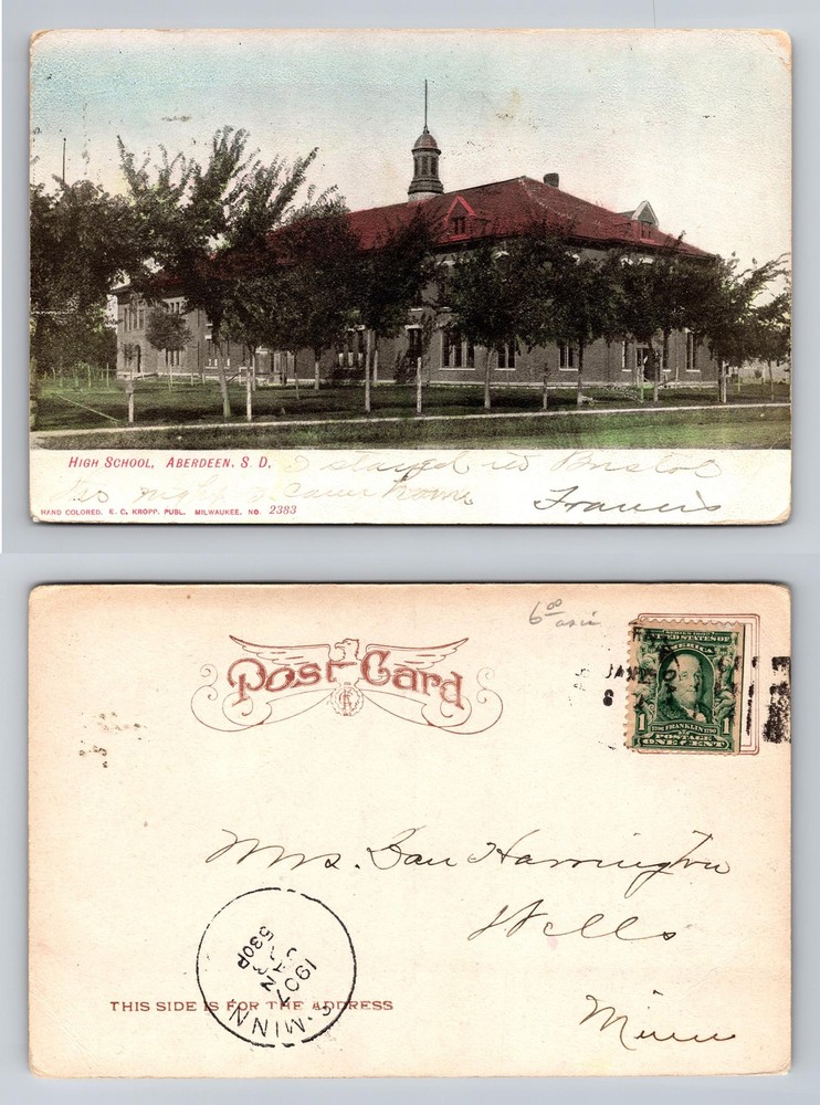 Aberdeen, SD-South Dakota, High School Red Roof Building Trees Vintage Postcard