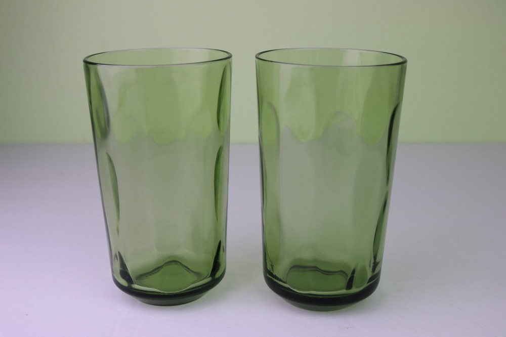 2 Hazel Atlas Lyric MCM Green Glass Tumblers 5 1/8 