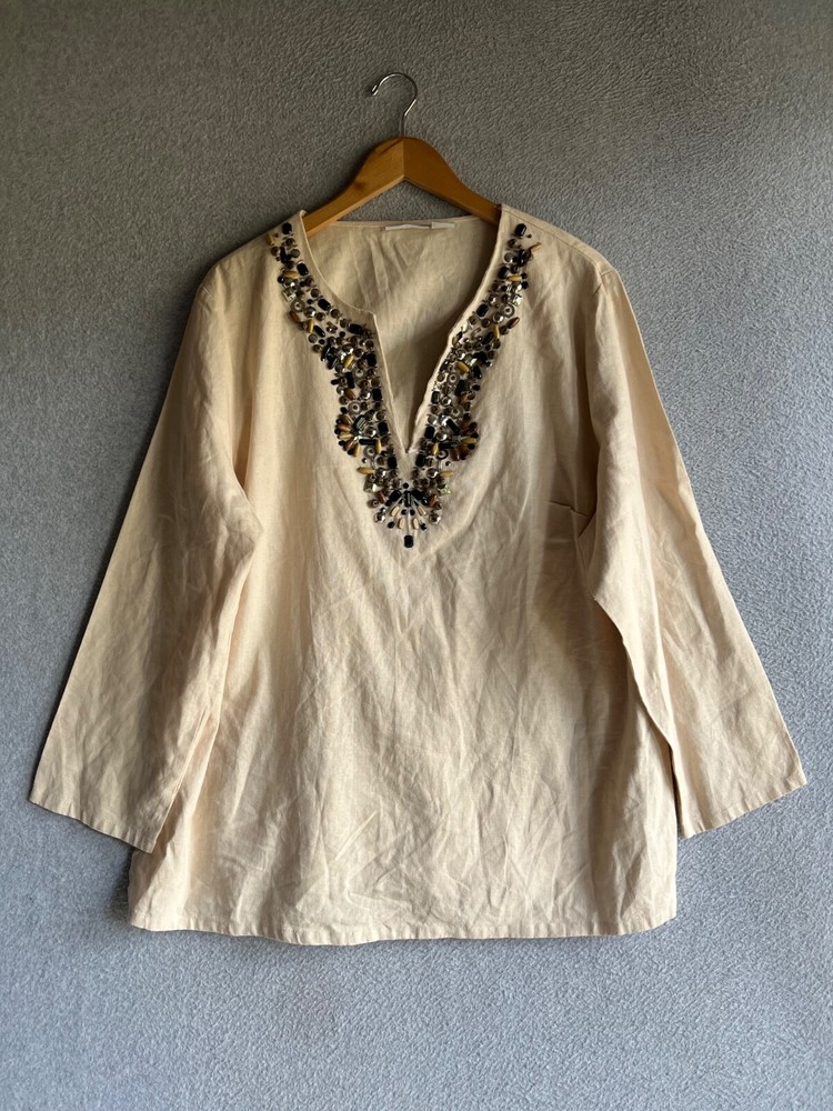 Tweeds Tunic Blouse Womens 2X Beige Linen Blend Beaded Embelished Boho Peasant