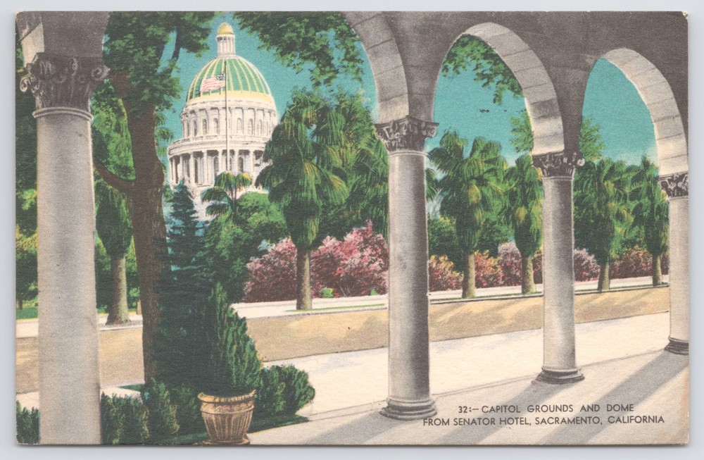 Sacramento California~Capitol Grounds & Dome From Senator Hotel~Vintage Postcard