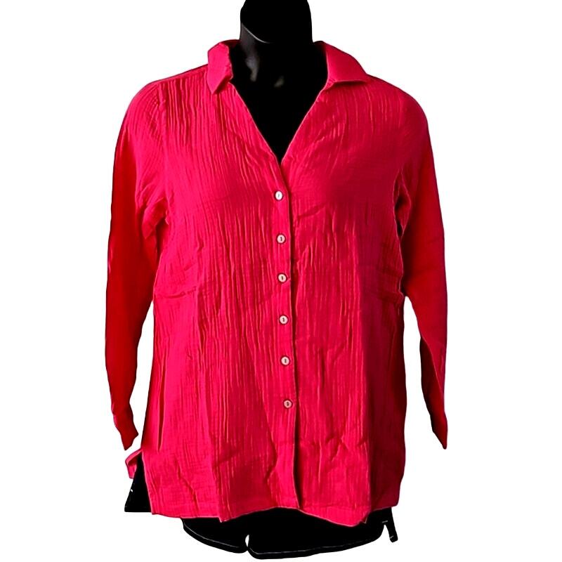 Belle Beach by Kim Gravel Gauze Button Front Tunic - Ultra Pink - Size XS