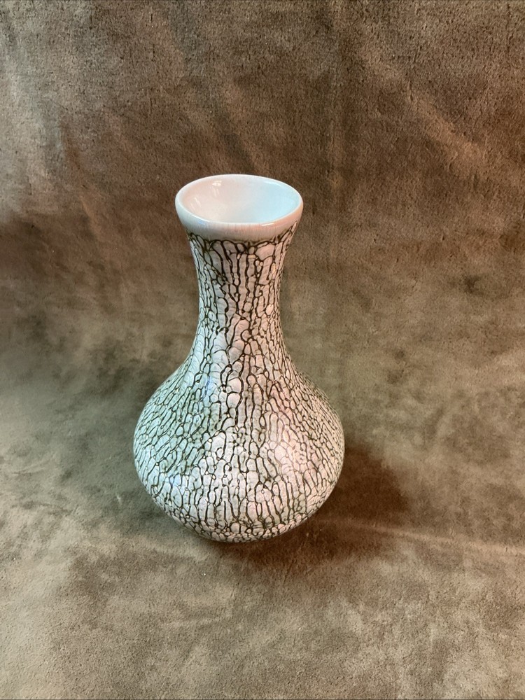 Vintage 1950s crackle glaze green white small porcelain Bud Vase Unmarked