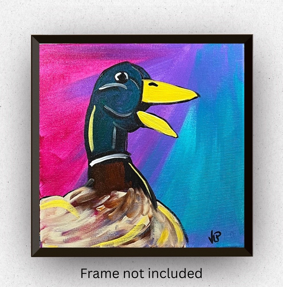 Mallard Duck Whimsical Colorful Acrylic 12x12” Canvas VLP Original Signed COA