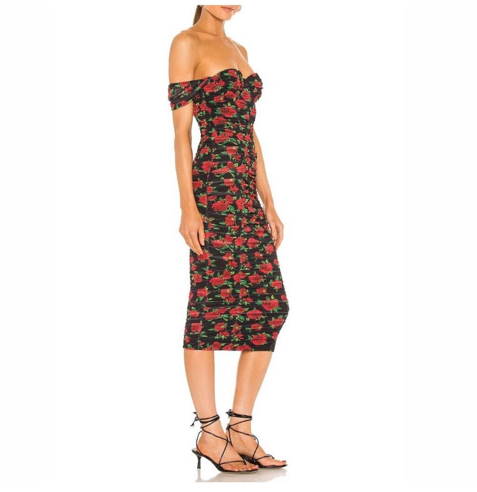 Revolve NBD Robin Midi Dress Black Red Roses Floral Ruched XS Bustier Bodycon