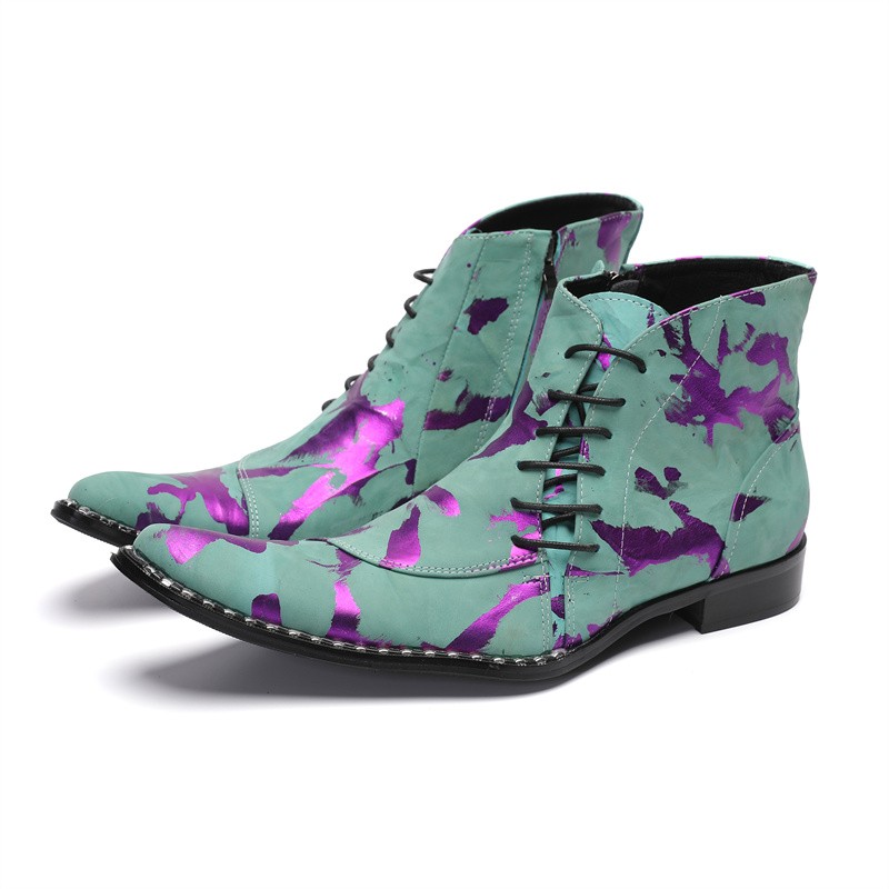 Printing Men's Leather Ankle Boots Lace Up Zip Pointed Toe Shoes Block Heel Chic