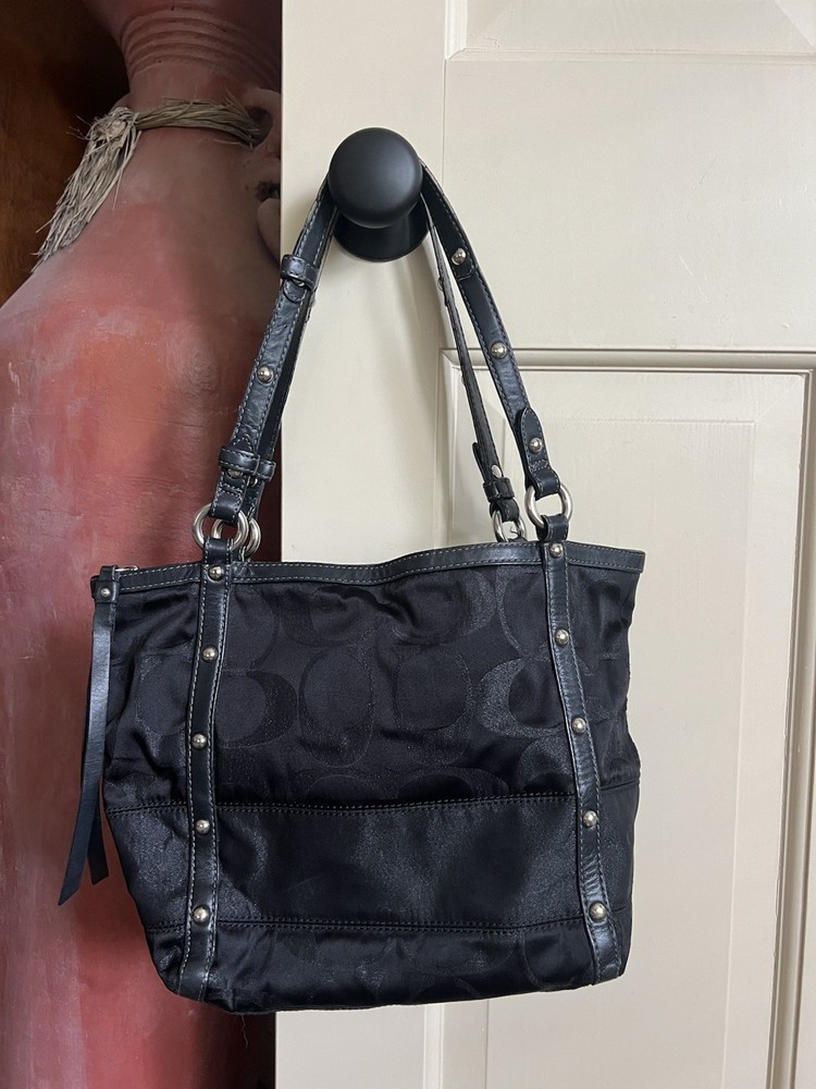 Coach Black Shoulder Bag with Signature Logo And Blue Interior