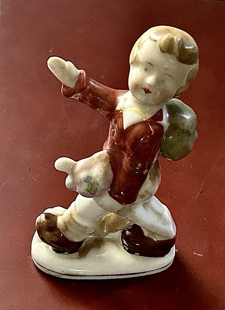 Vintage Occupied Japan • Porcelain Figurine • Boy With Walking Stick Backpack