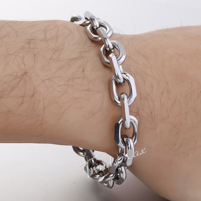 10mm Oval Cable Link Mens Boys Silver Tone Stainless Steel Bracelet Chain 7.5