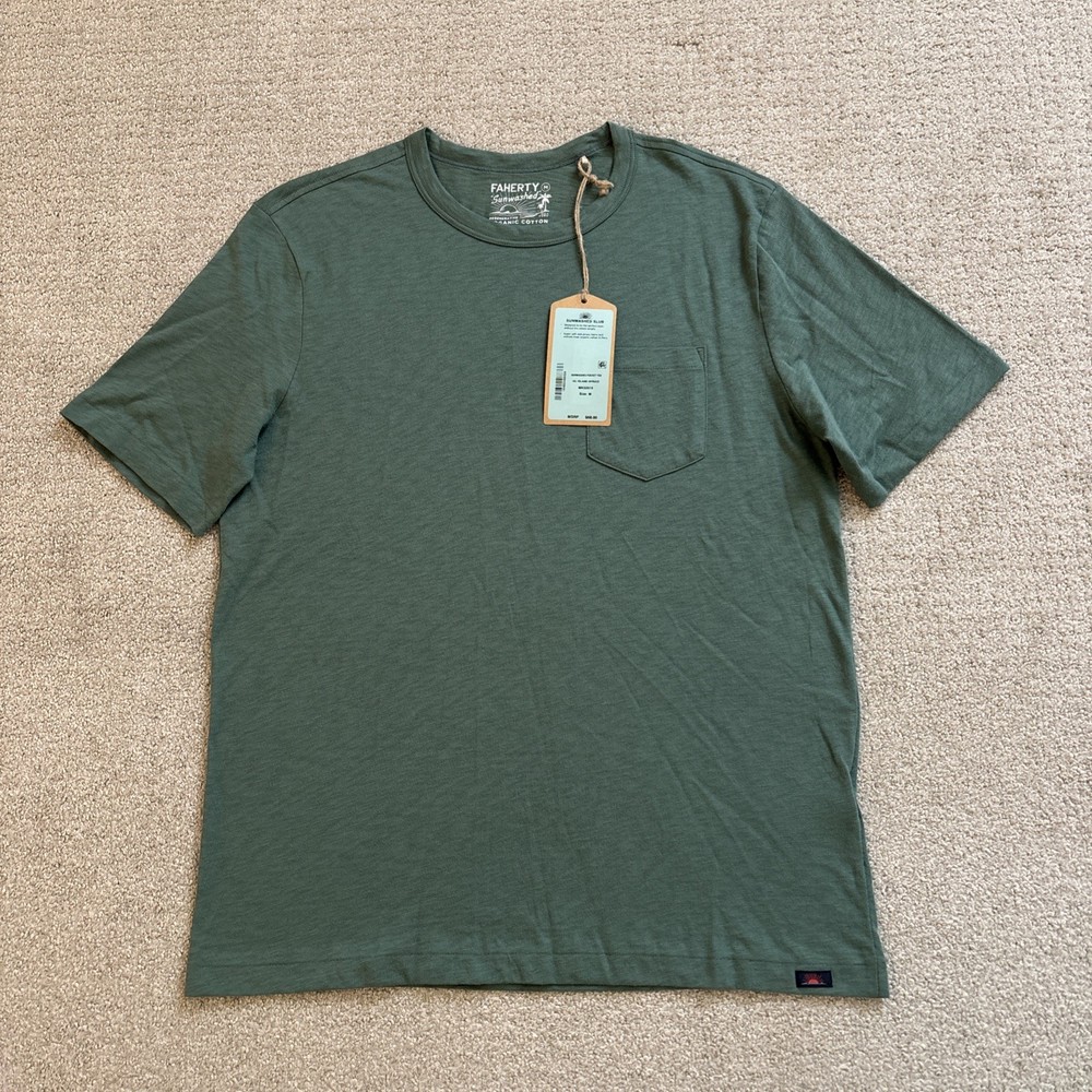 Faherty Sunwashed Short Sleeve T Mens Sz M Green Organic Cotton Pocket Shirt