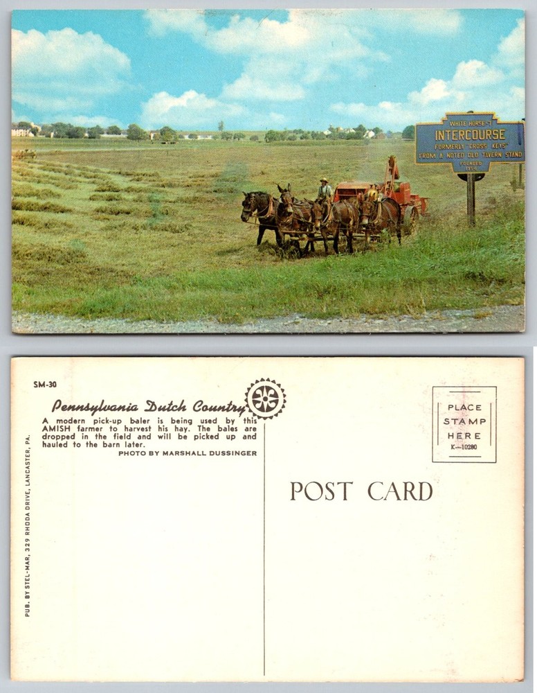 Intercourse PA Amish Hay Baler Postcard Pennsylvania Dutch Country Farm