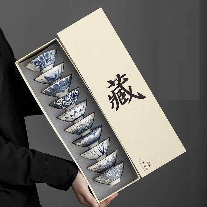 for 10 pieces Tea Set Blue and White Porcel teacup travel portable gift box with
