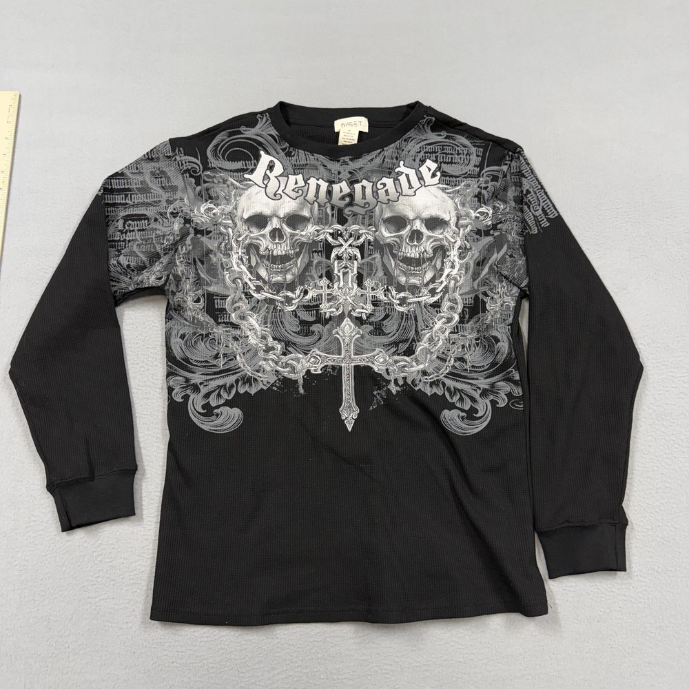 Affliction Style Shirt Mens Medium Black Skull Cross Thermal Long Sleeve Biker