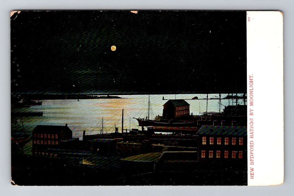 New Bedford, MA-Massachusetts, Harbor by Moonlight Waterfront Vintage Postcard