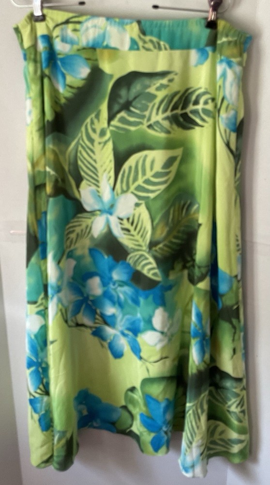 Soft surroundings 100% Silk Tropical Floral Maxi skirt PXL Resort Blue Green