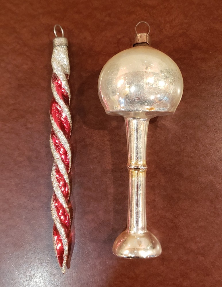VTG Mercury Glass Silver Mushroom Lamp & Red Twisted Icicle Christmas Ornaments