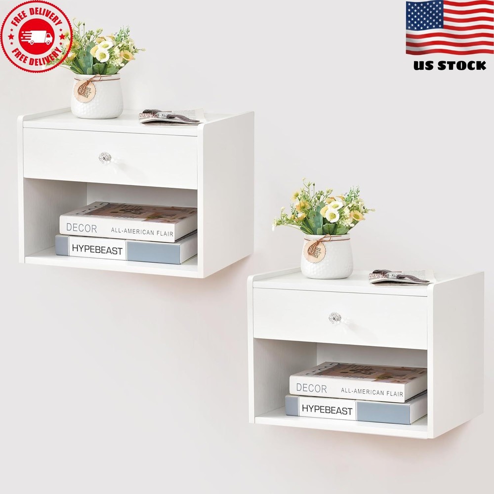 White Floating Wall-Mounted Nightstand Set of 2 with Drawer