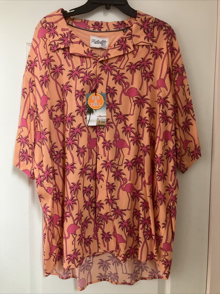 NWT Men’s Huntington BC Orange Hawaiian Cruise Shirt w/Pink Flamingos Size 3XL