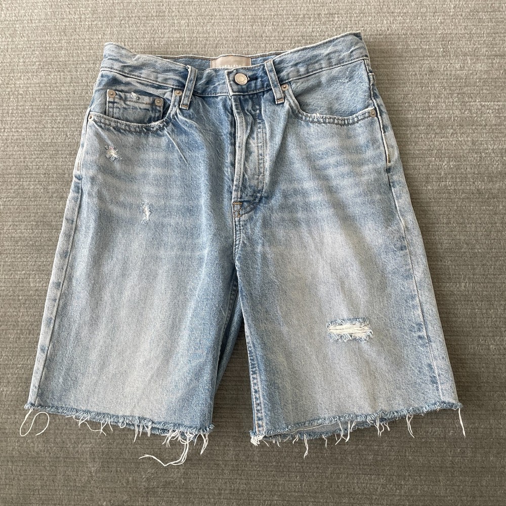 Everlane Shorts Women 25 Blue The Cheeky Long Short Button Fly Raw Hem Medium