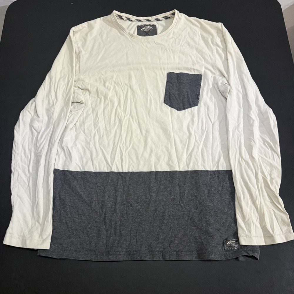 Vans Long Sleeve Shirt Mens Large Beige And Blue Classic Fit Chest Pocket Cotton