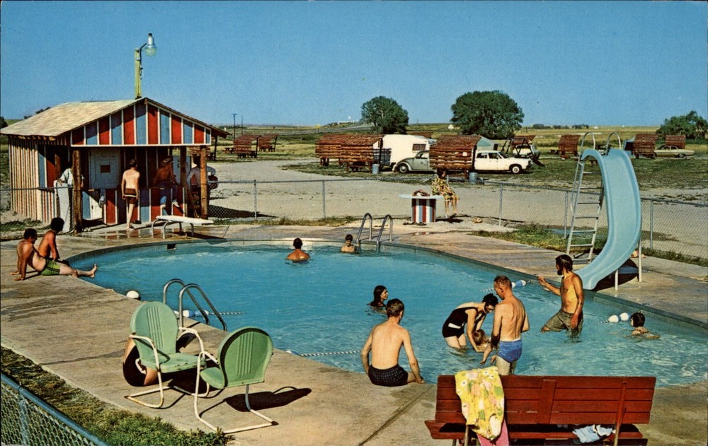Kadoka South Dakota ~ Cactus Flat Campground ~ pool ~ VW Bug ~ postcard sku979