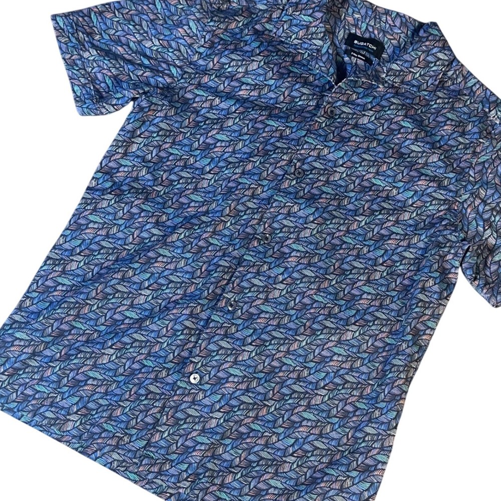 Bugatchi Shirt Men's Small Blue Abstract OoohCotton Tech 8-Way Stretch