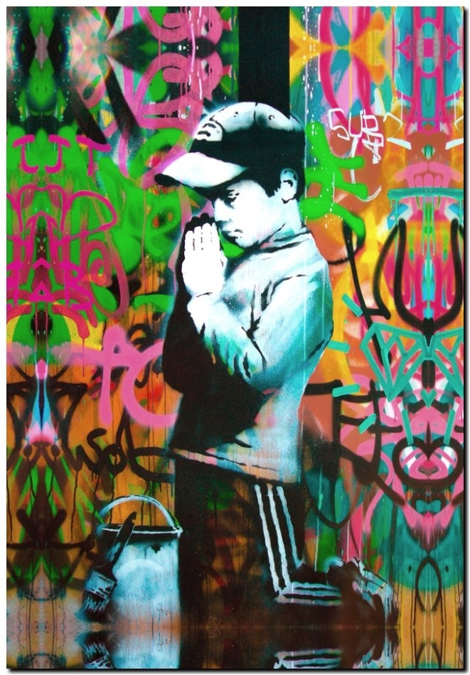 BANKSY STREET ART *FRAMED* CANVAS PRINT Boy praying 24x16