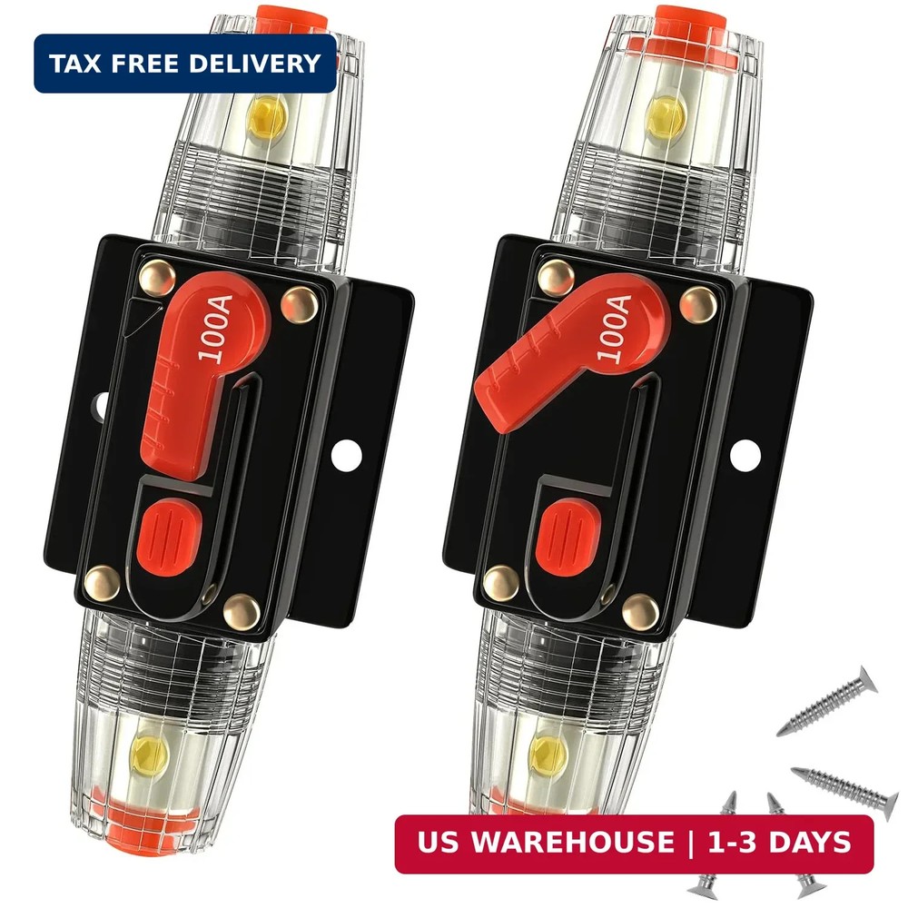 100 Amp Manual Reset Circuit Breaker DC 12-48V Waterproof Inline Fuse Holder, 3-