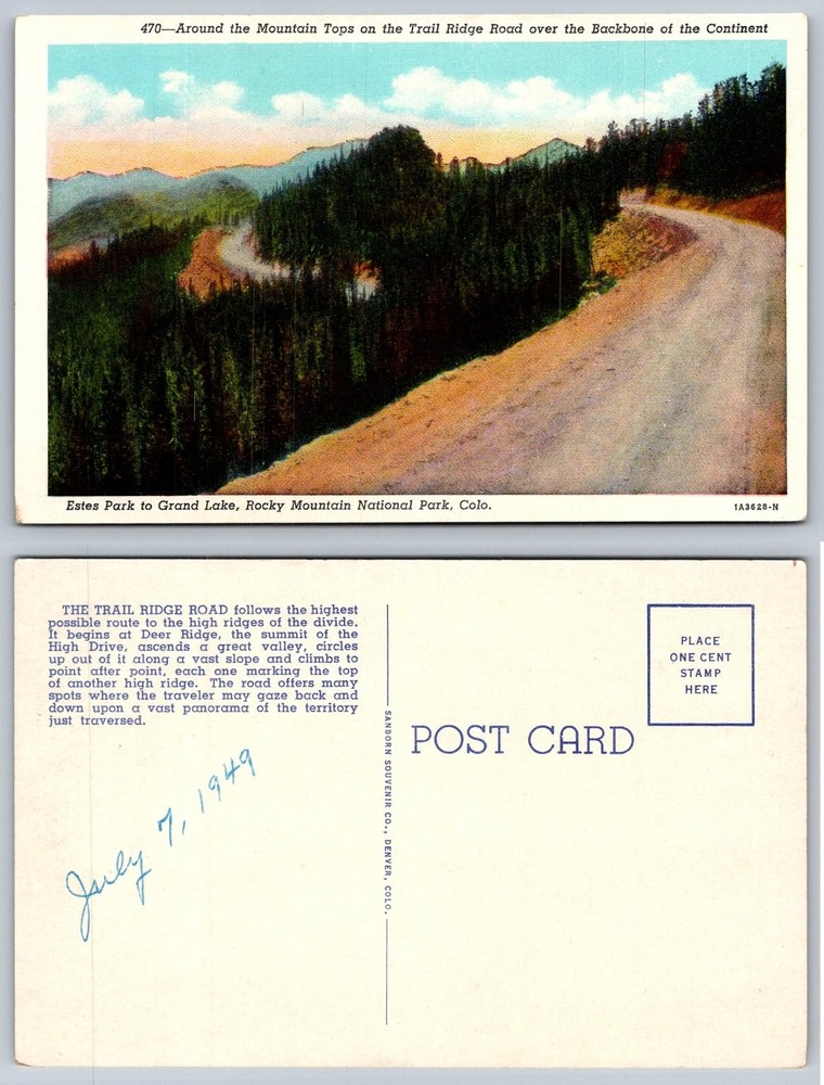 Trail Ridge Road RMNP Colorado Postcard 1949 Backbone of Continent Estes Park