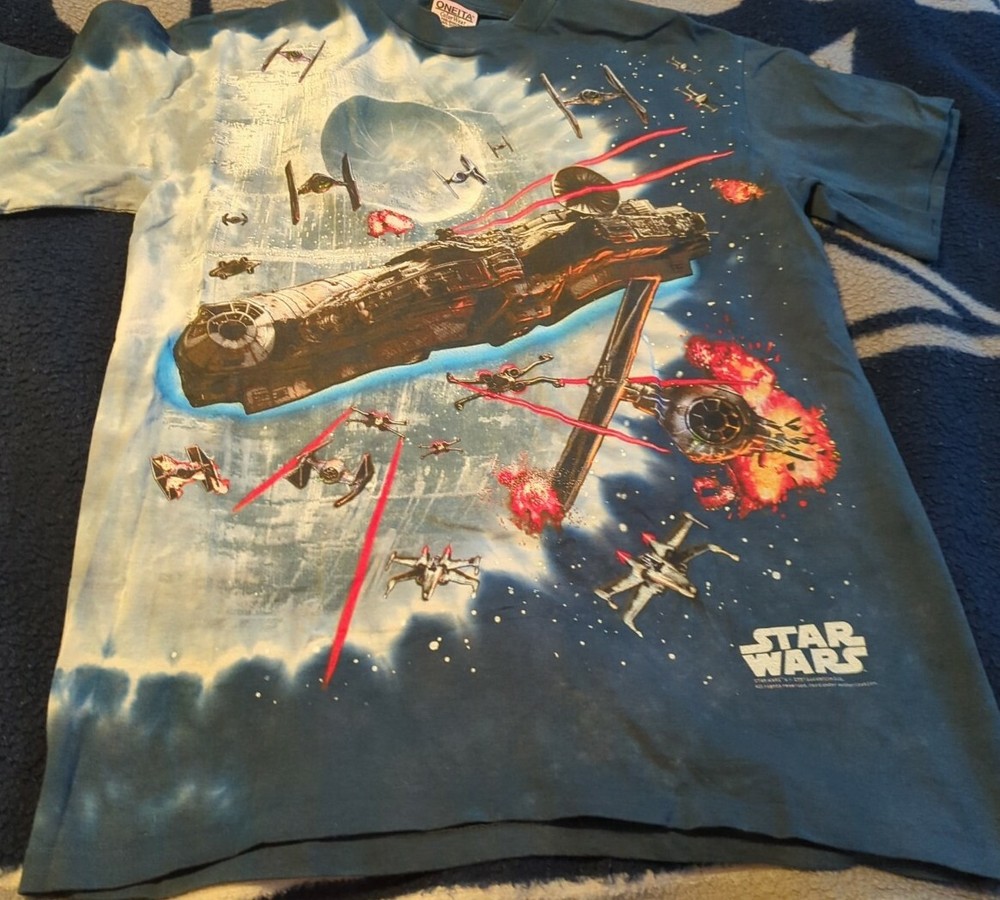 Vintage Star Wars Liquid Blue T-shirt 1997 Millennium Falcon Blue Tie Dye - M