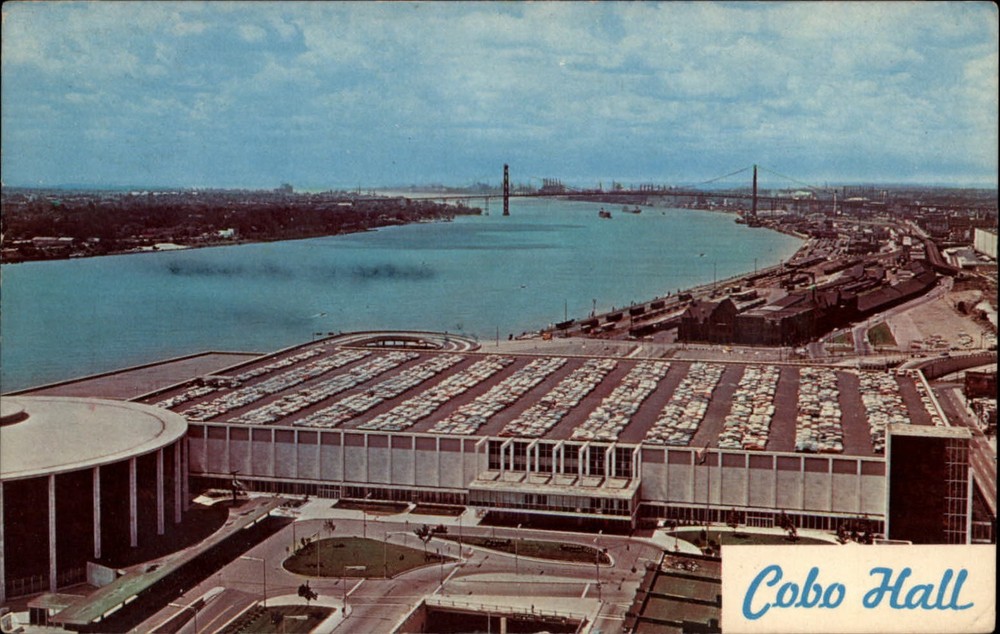 Michigan Detroit Cobo Hall river aerial view ~ 1966 vintage postcard sku205
