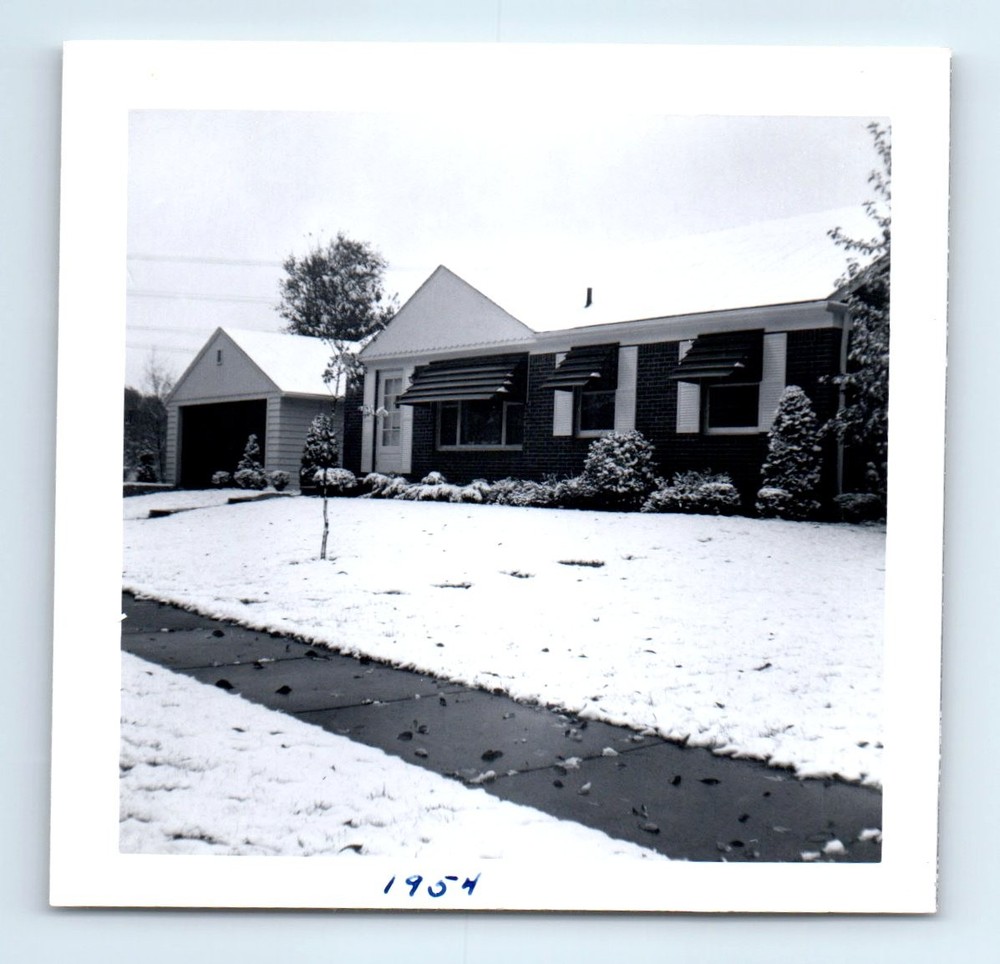 Old Vintage Square Photo BRICK HOUSE SNOW WINTER SCENE 1954 ANTIQUE SNAPSHOT